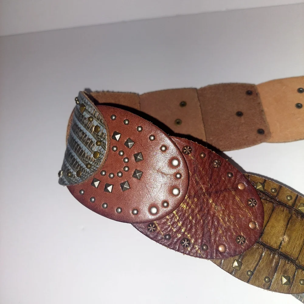 Fossil Multi-Panel Studded Leather Belt in Brown and Bronze Tones